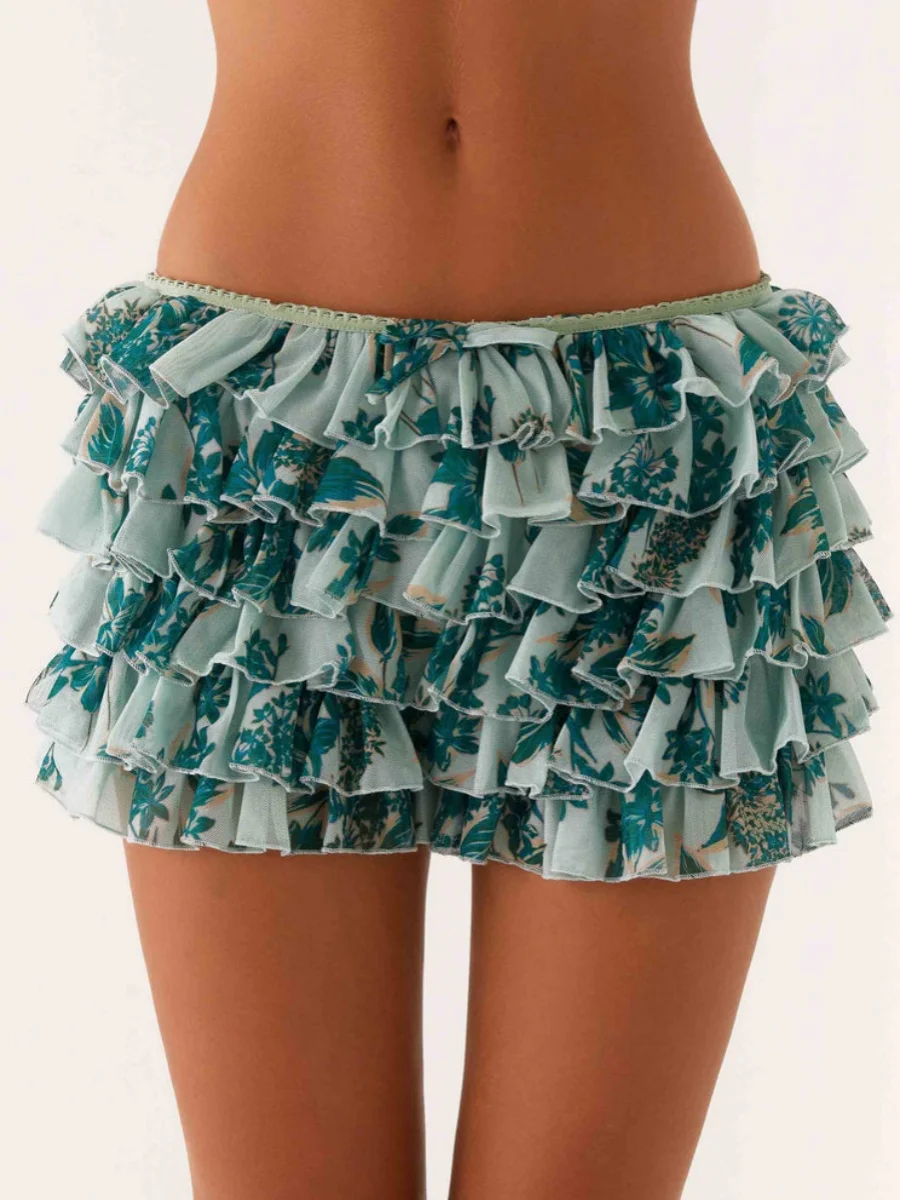 Womens Y2K Mini Skorts Elastic Low Waist with Bow Tied Flower/Leopard Print Ruffled Layered Tiered Slim Shorts