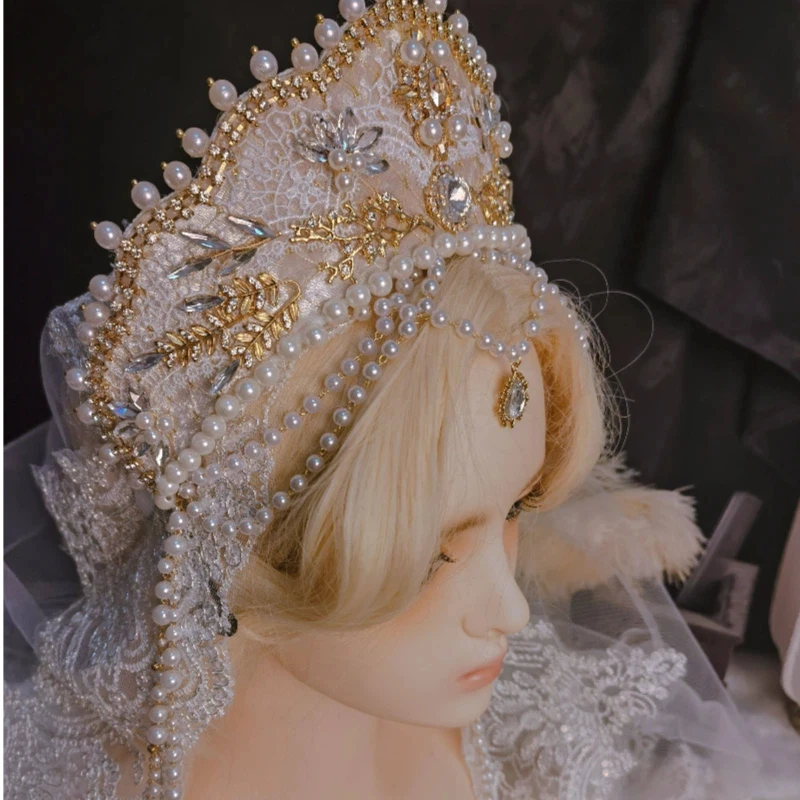 

Golden Retro Lolita Halo Tudor Crown Angel Hair Hoop Noble Headdress For Photography Party Cosplay Wedding Vintage Decor