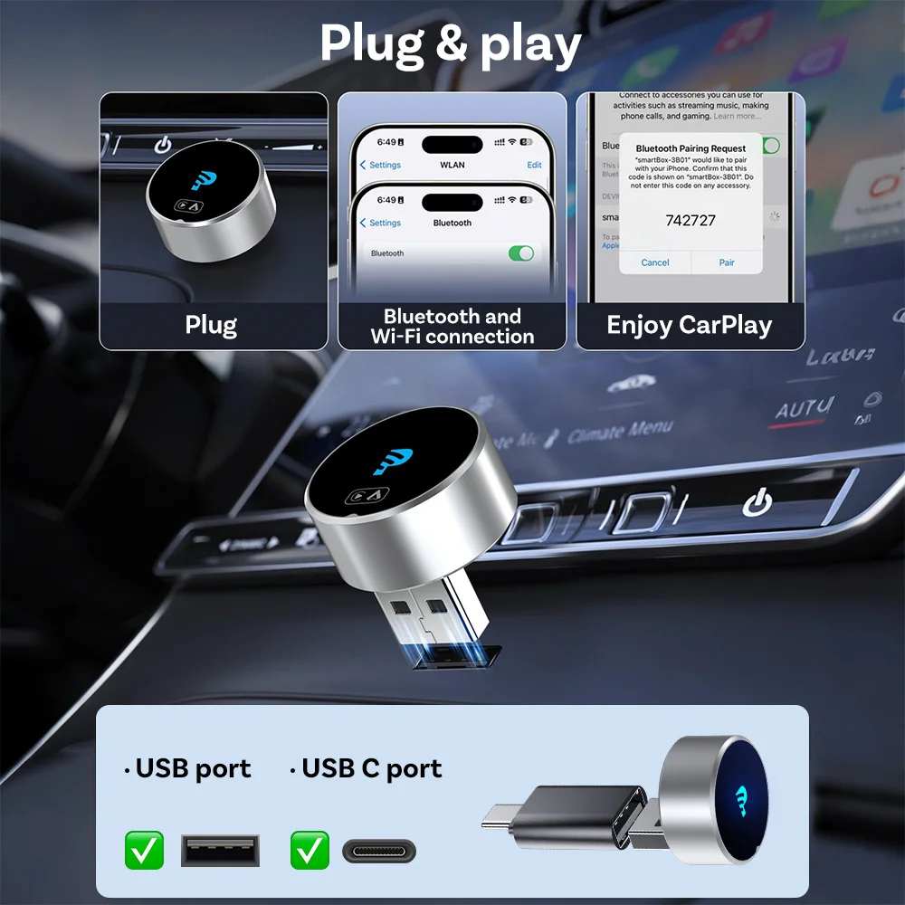 GetPairr Kabelloser CarPlay-Adapter und Android Auto Wireless-Adapter 2-in-1 USB-A Kabelgebunden zu Kabellos Auto-Dongle 5S Automatische Verbindung Plug & Play für Autos mit werkseitig installiertem CarPlay oder Andro – Detail 10