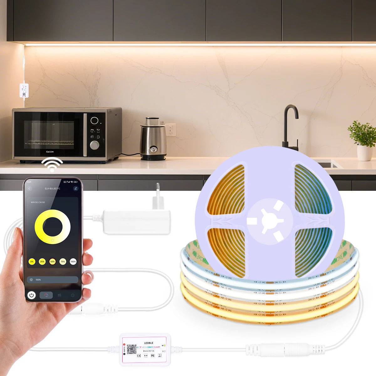 

DC24V CCT LED Strip Light Adjust Brightness 2700K-6500K Dimmable COB Robbion Bluetooth APP Control Kitchen Wall Night Lighting