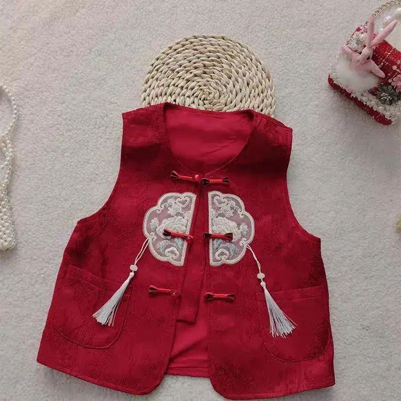 

2026 новый красный жилет в китайском стиле для девочек, детский жилет с пряжкой и вышивкой в китайском стиле, модный детский жилет для детей LI889