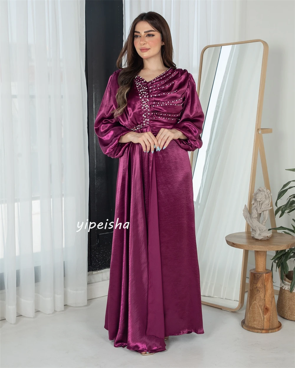 Exquisite Sparkle High Quality Satin Beading Ruched Engagement A-line V-neck Bespoke Occasion Gown Long Dresses