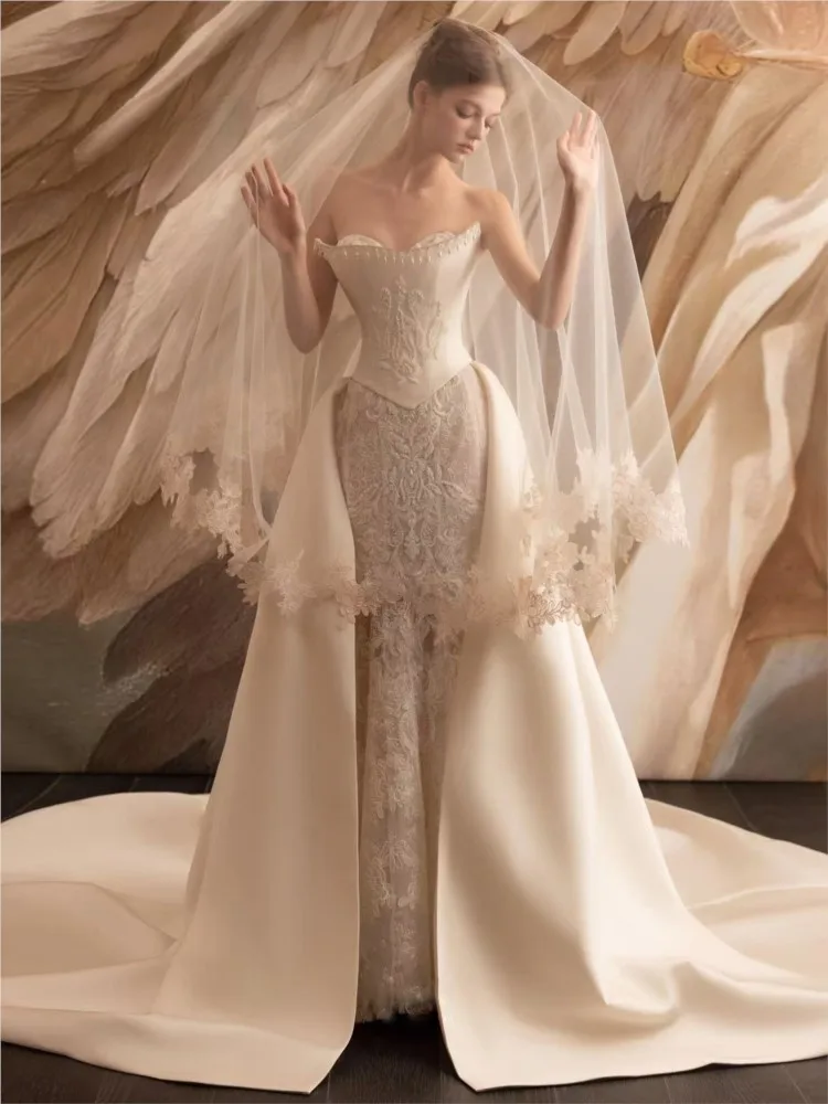 Strapless lace light new haute couture fishtail tulle welcome dress