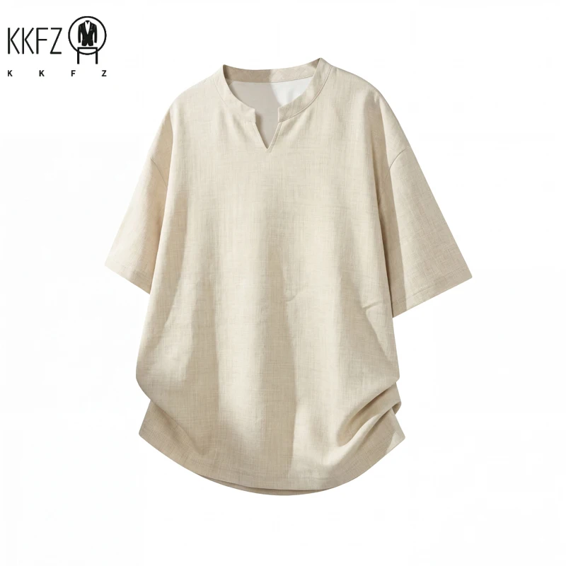 Men V Notch Neck Short Sleeve Linen Shirt Oversized Loose Summer Breathable Casual Streetwear Tops For Daily Commute