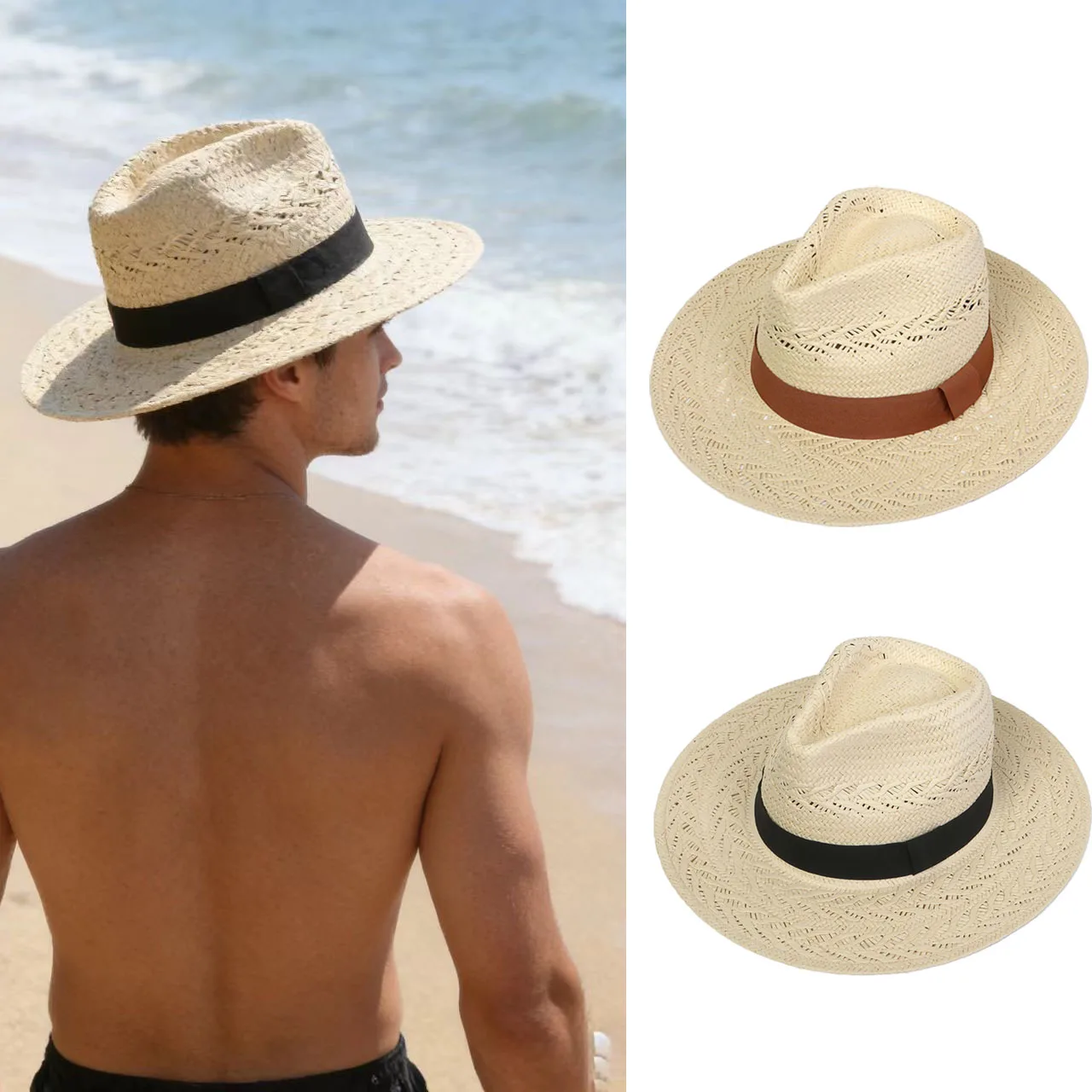 

Handwoven Wheat Ear Pattern Wide-Brim Panama Hat / Outdoor Sun Protection Straw Hat / Unisex Style for Spring & Summer
