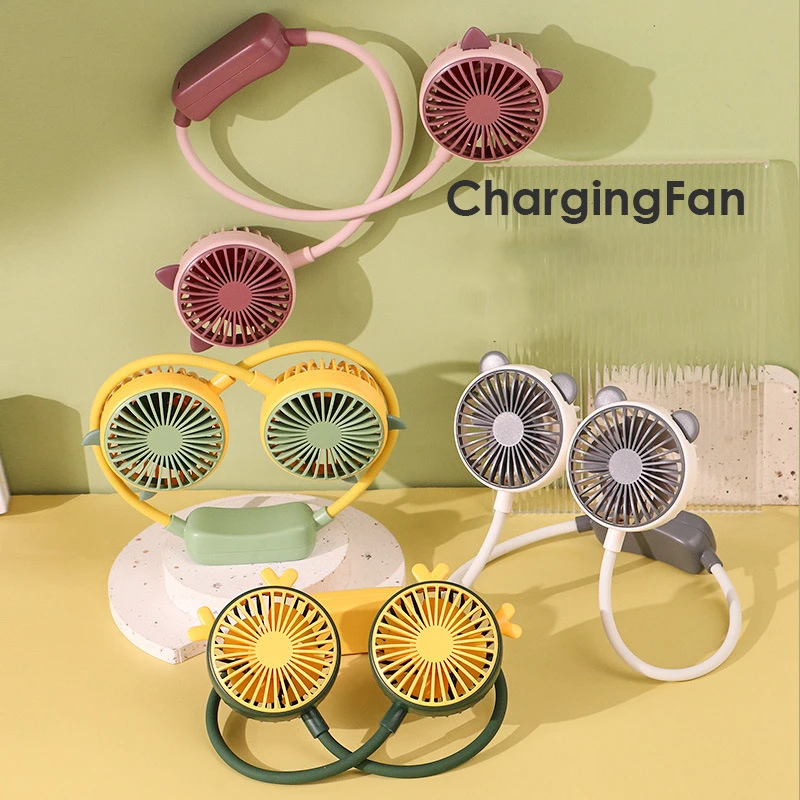 New Cartoon Cute Halter Neck Usb Charging Folding Mini Fan Outdoor Large Wind Power Electric Fan Usb Charging Accessories 2025