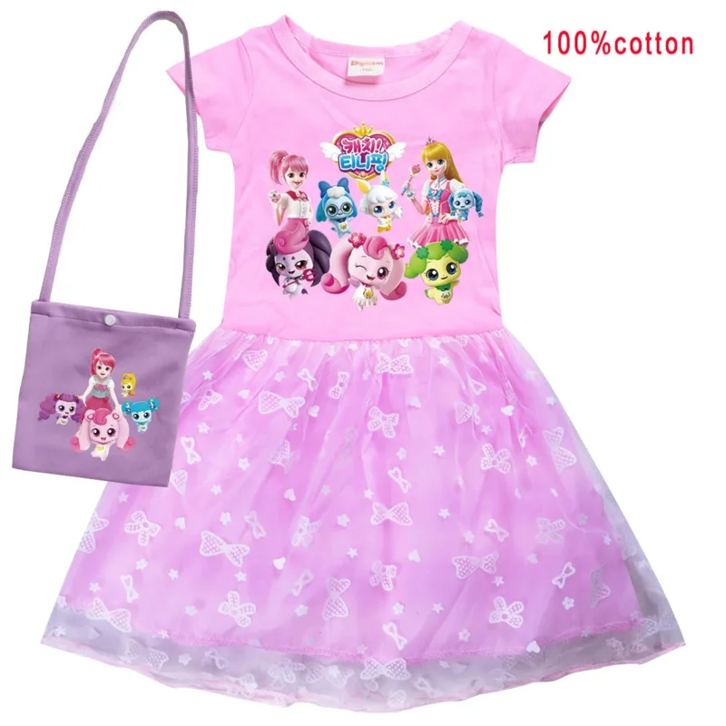 Korean cartoon baby girl dresses kids T-tiny clothes cosplay costume children fly sleeve casual princess dress bag summer