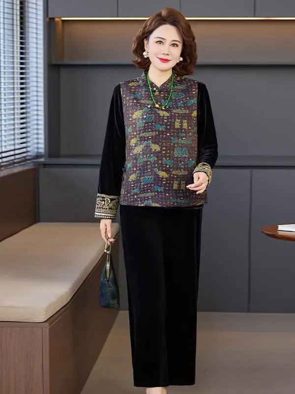 

New Chinese Sle Women's Vest Top Spring Faion Set Long Sve Collar Slant Buttoned Outerwear Base Layer Tee-Piece Suit