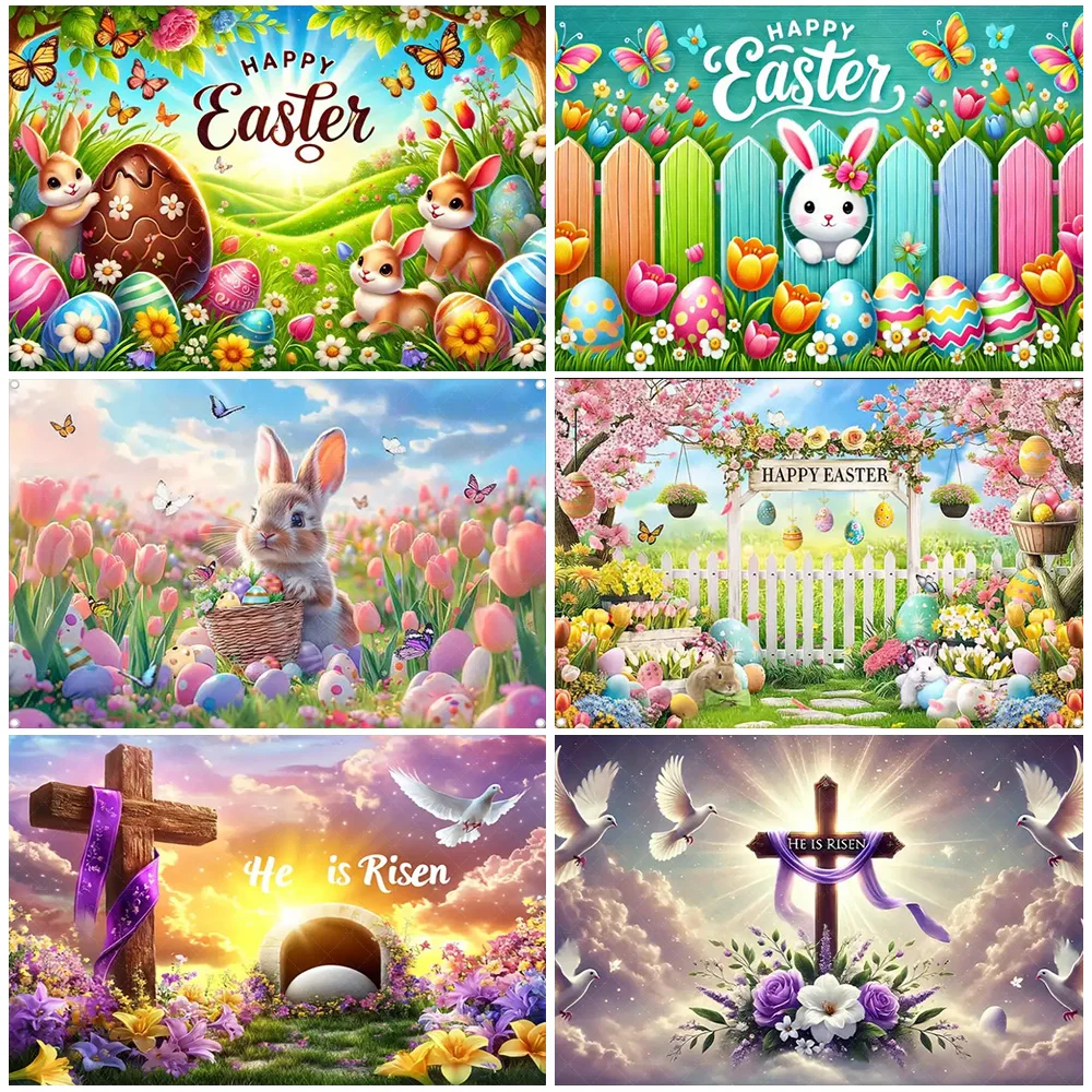

Happy Easter Theme Backdrops Resurrection Of Jesus Party Decorations Cave Cross Rabbit Egg Photography Background Religion Prop