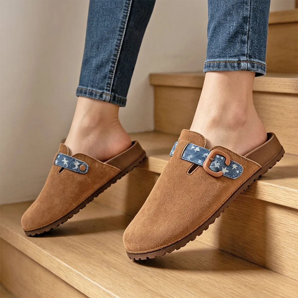 Womens Adjustable Buckle Strap Closed Toe Mules Large Size Slip On Flat Slippers Indoor Outdoor Casual Wear