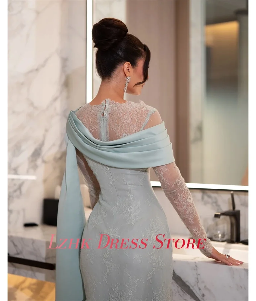 Abito da sera sexy personalizzato in jersey di pizzo Maniche lunghe di alta qualità O-collo Lunghezza pavimento فسات Бmaveraات Formato personalizzato