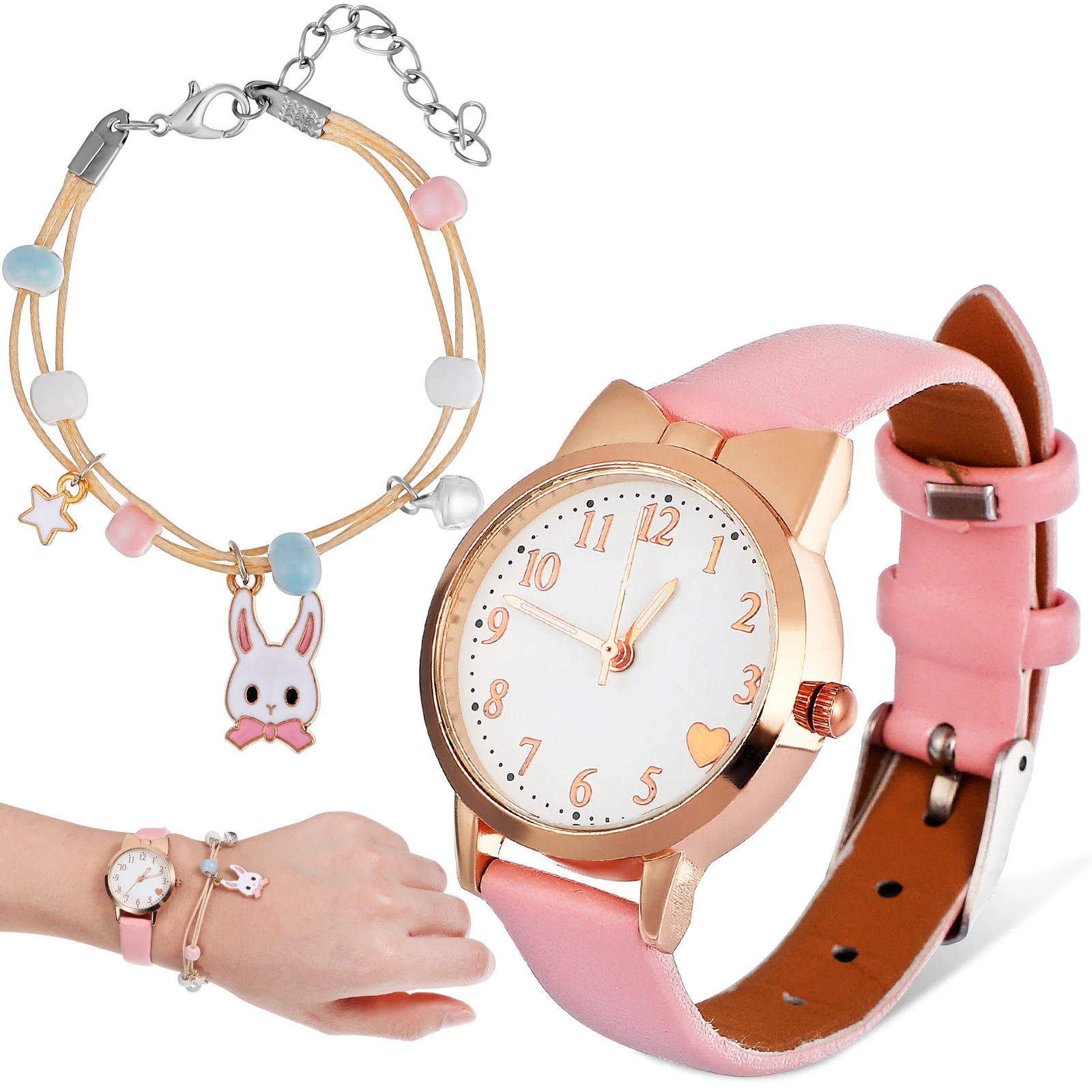 

Детские кварцевые часы в студенческом стиле, простой циферблат с браслетом из бисера с кроликом, идеальные подарки для маленьких девочек на день рождения