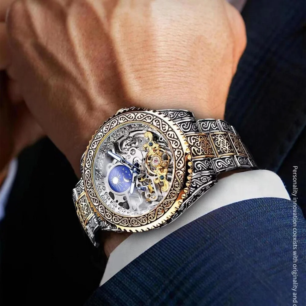 High-End Retro Men's Fully Automatic Mechanical Skeleton Watch, Engraved Craftsmanship, Light Luxury Design, Waterproof Luminous Men's Business Casual Wristwatch, Popular Retro Chinese Style Embossed Men's Mechanical Watch