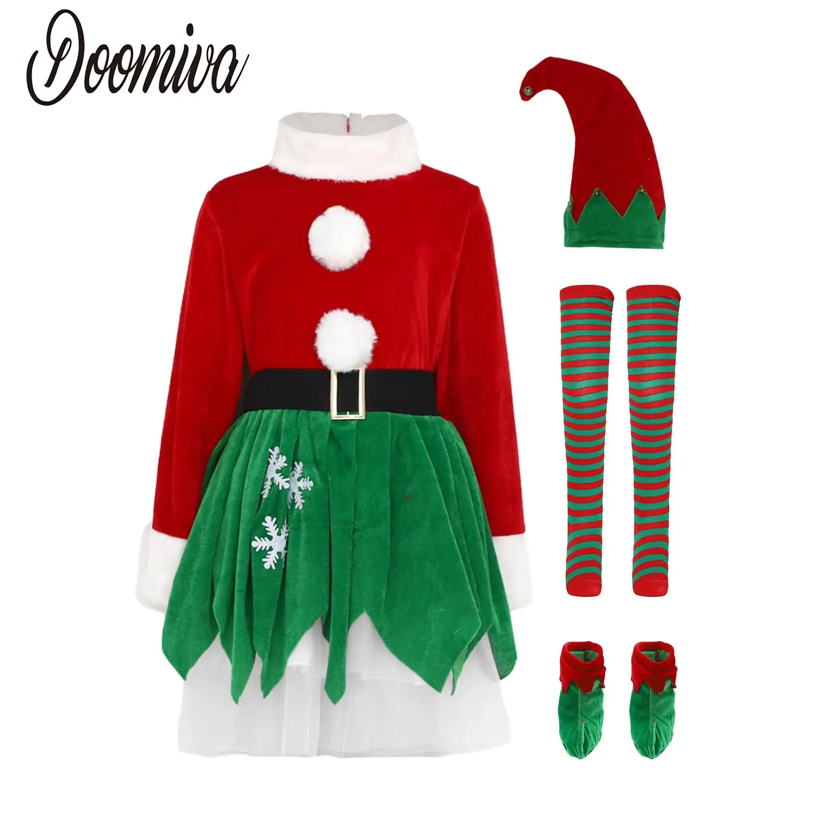 

Girls Santa Christmas Elf Costume Dress Up Helper Outfit Set Long Sleeve Zipper Tutu Dress with Hat Socking and Shoes Covers