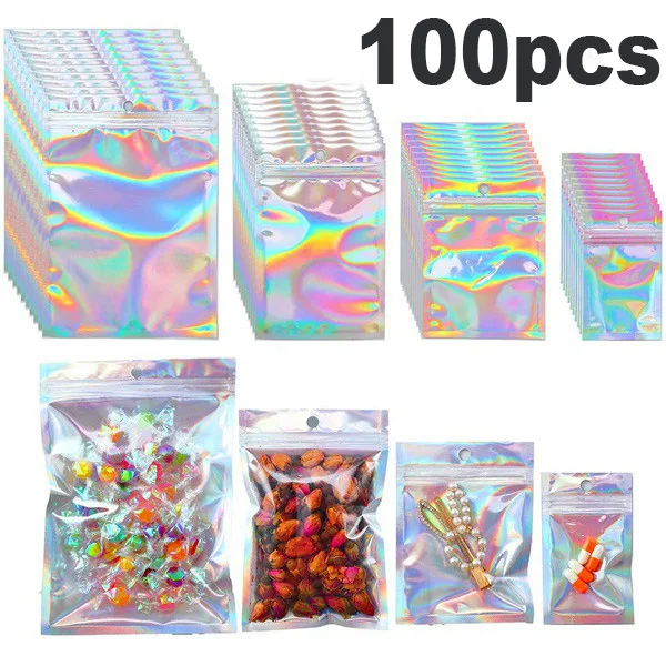 100Pcs Eyelashe Package In Bulk Holographic Laser Zip Lock Bag Necklace Storage Custom Brand Logo Sticker Idea Gift Packaging