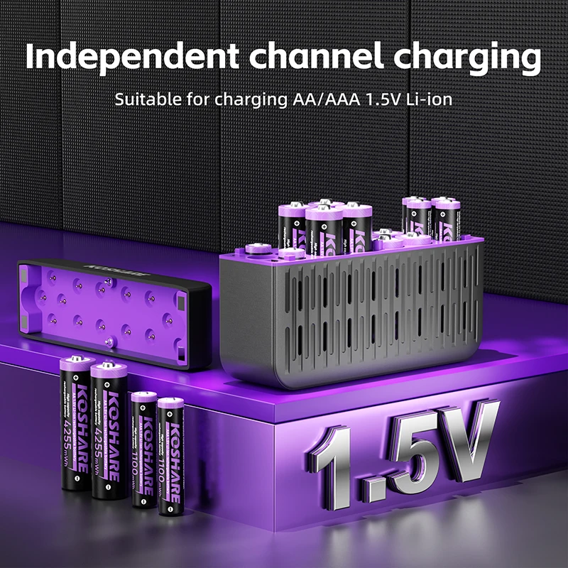 KOSHARE NEW 8/16 Slot AA&AAA Rechargeable Batteries Charging Set 4255mWh 1100mWh Lithium Battery Smart Charger With LED Display
