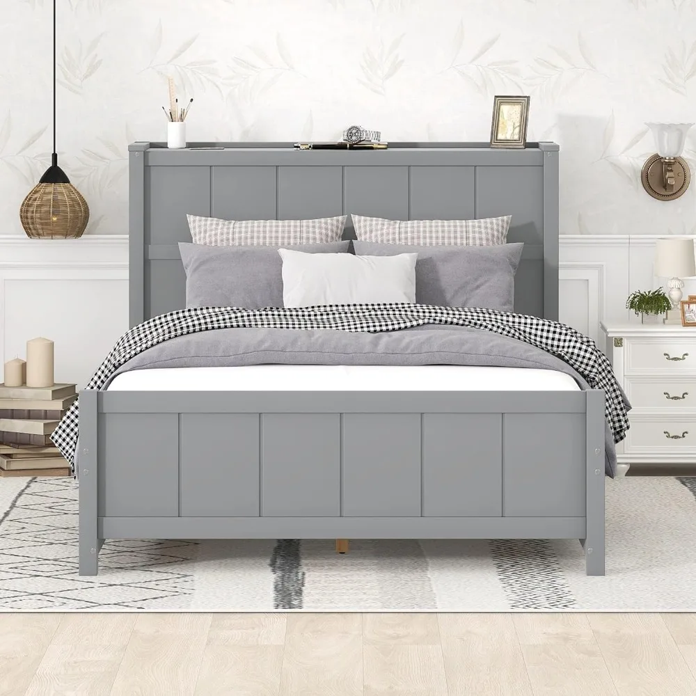 

Bed Frame Full Size with Bookcase Headboard, 4 Storage Drawers, Slat, Solid Wood Platform Bed Frame