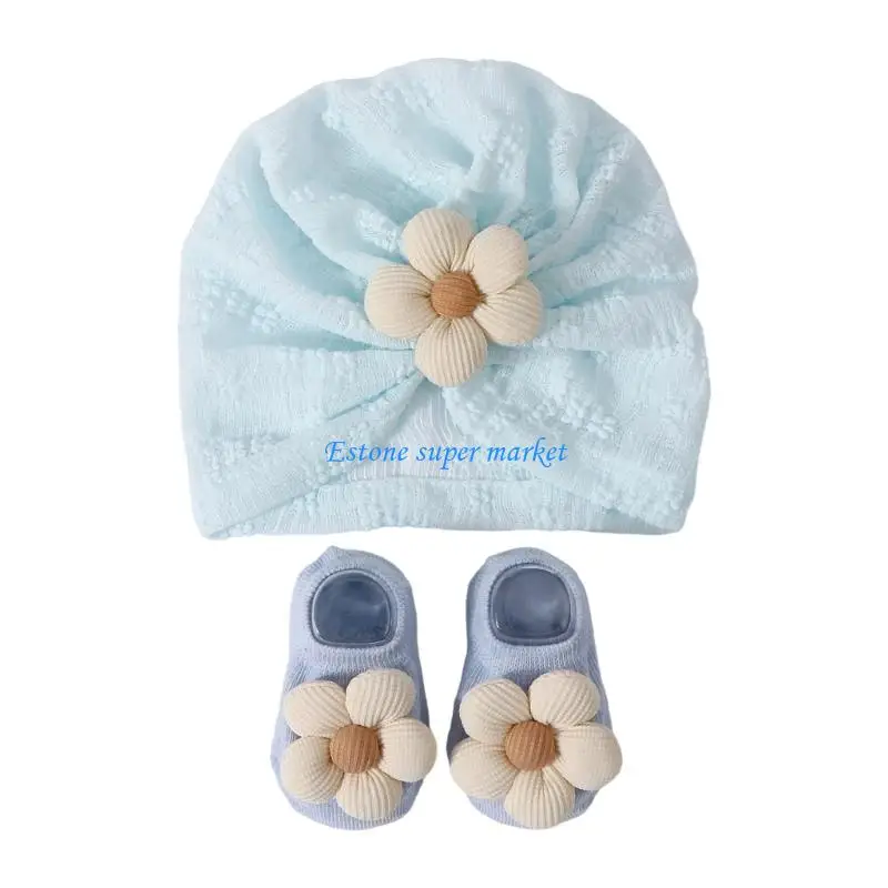 

090B Милый комплект детской шапки и носков-тюрбана Мягкие и дышащие шапочки для плода Чепчик для новорожденных с носками для 0-1