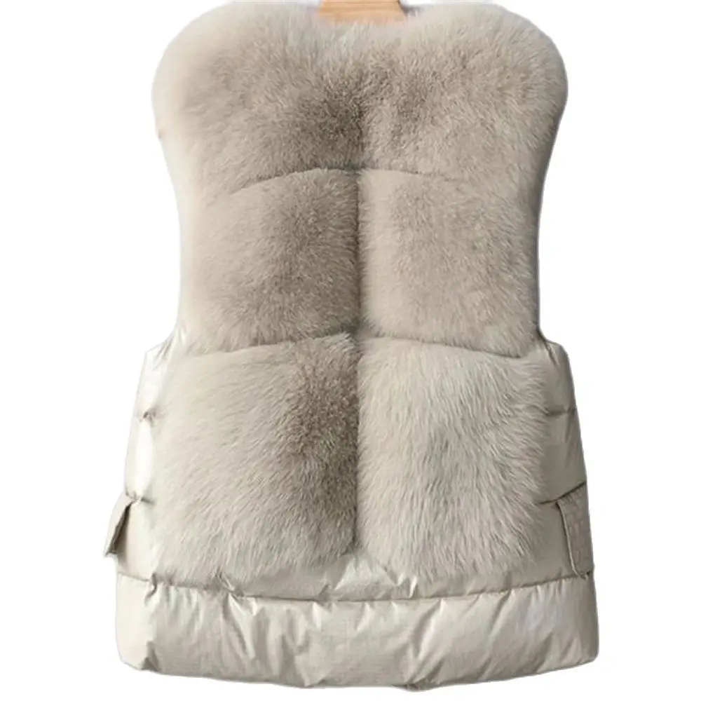 Cardigan Outerwear Women Short White Duck Down Vest V-Neck Imitation Fox Waistcoat New Autumn Winter Fashion Sleeveless Jacket