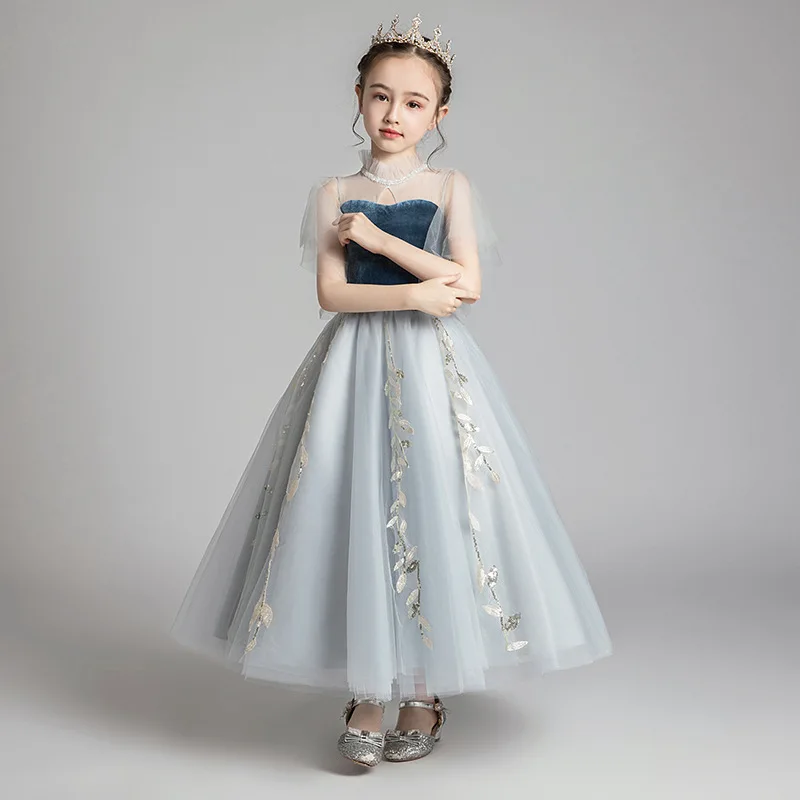 Little Girl Piano Perforance Dress Child Formal Party Princess Long Prom Dresses School Graduation Teen Girl Velvet Evening Gown