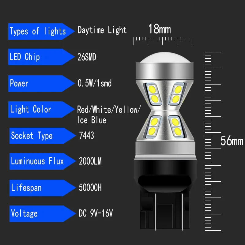 2pcs Car W21/5W 7443 T20 Canbus Error Free LED Front Daytime Running Lights Bulbs Auto 580 DRL Lamps For Fiat 500 2009 2010-2016