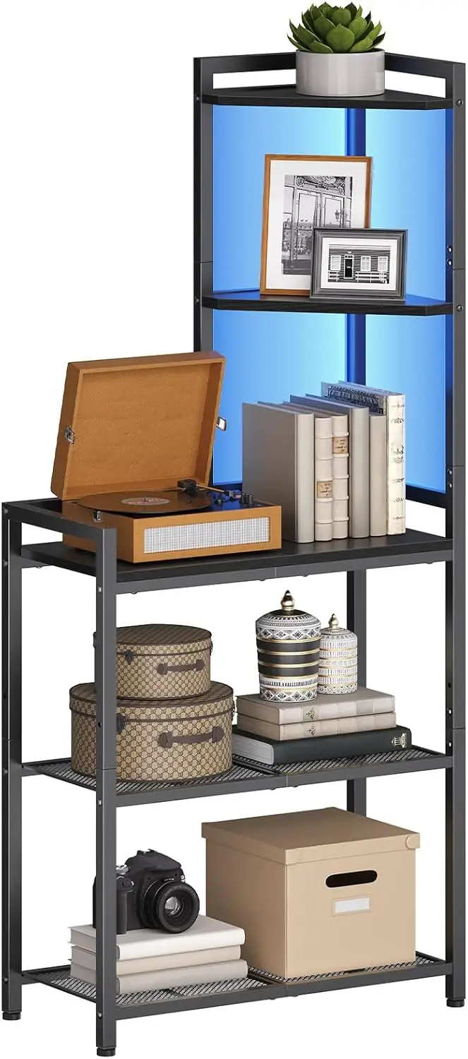 

5-Tier Corner Shelf Stand, Corner Shelf with LED Light, 56.3" Tall Corner Bookshelf, Display Rack Storage Organizer with Table,