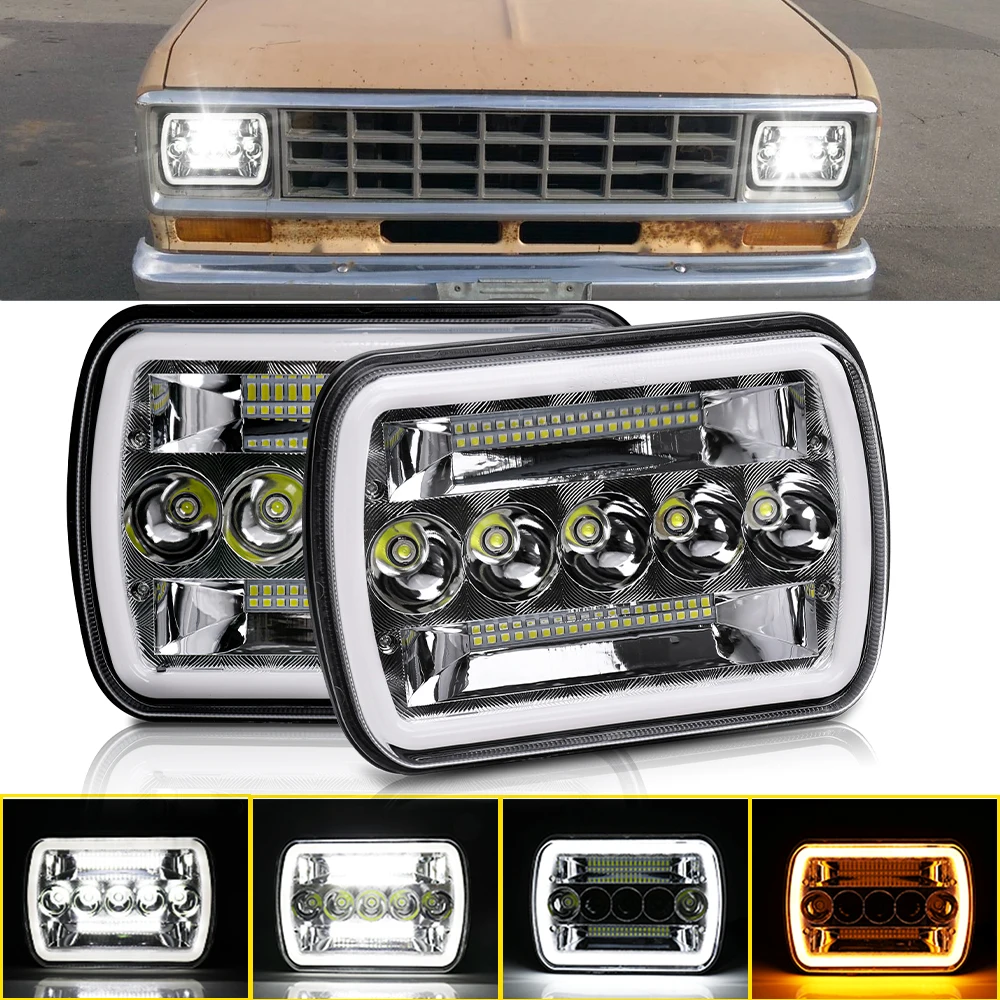 Faróis de LED HL 5x7 H4 H6054 H5054 6052 6053 com Halo Branco/Âmbar para uso off-road, compatíveis com Bronco, GMC, TOYOTA, Nissan D21, Dodge.