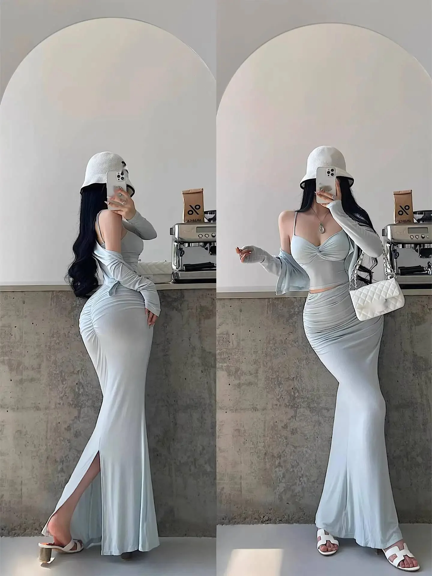 Pure Desire Camisole Long Sleeve Cardigan Ruched Back Split Mermaid Bodycon Skirt Set Fashion Sexy Women Set 2025 New MHK9