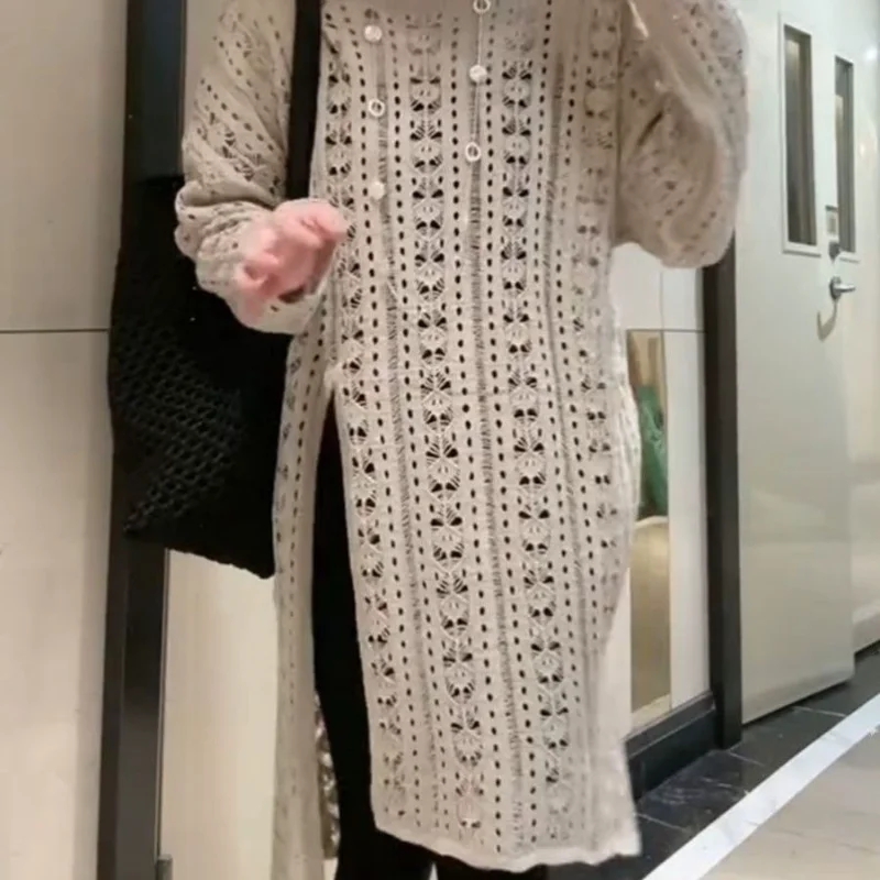 Women European Style Elegant Retro Hollow Out Hem Split Sweater Loose Mid Length Knitted Shirt Autumn Winter Fashion Dress