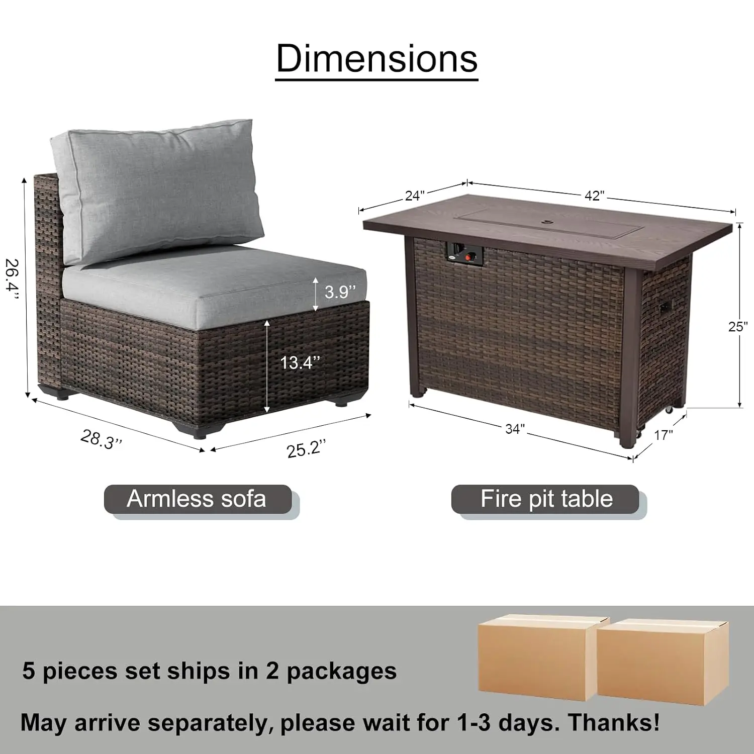Gray Outdoor Rattan Sectional Sofa Set with Fire Pit Table, Thickened Cushion Patio Furniture 5 Pieces, Customized