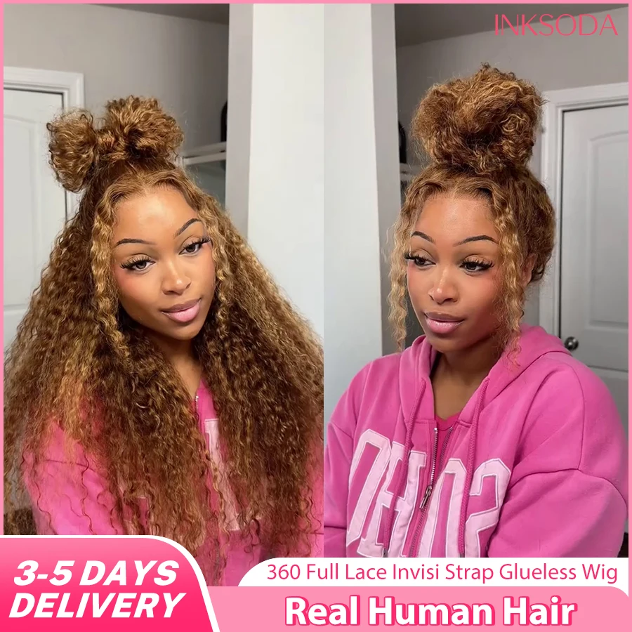 

Глубокая волна Мелированный медовый блондин 360 HD Полный парик фронта шнурка Человеческие волосы Предварительно выщипанные невидимые ремешки Вьющийся бесклеевой парик 30 дюймов