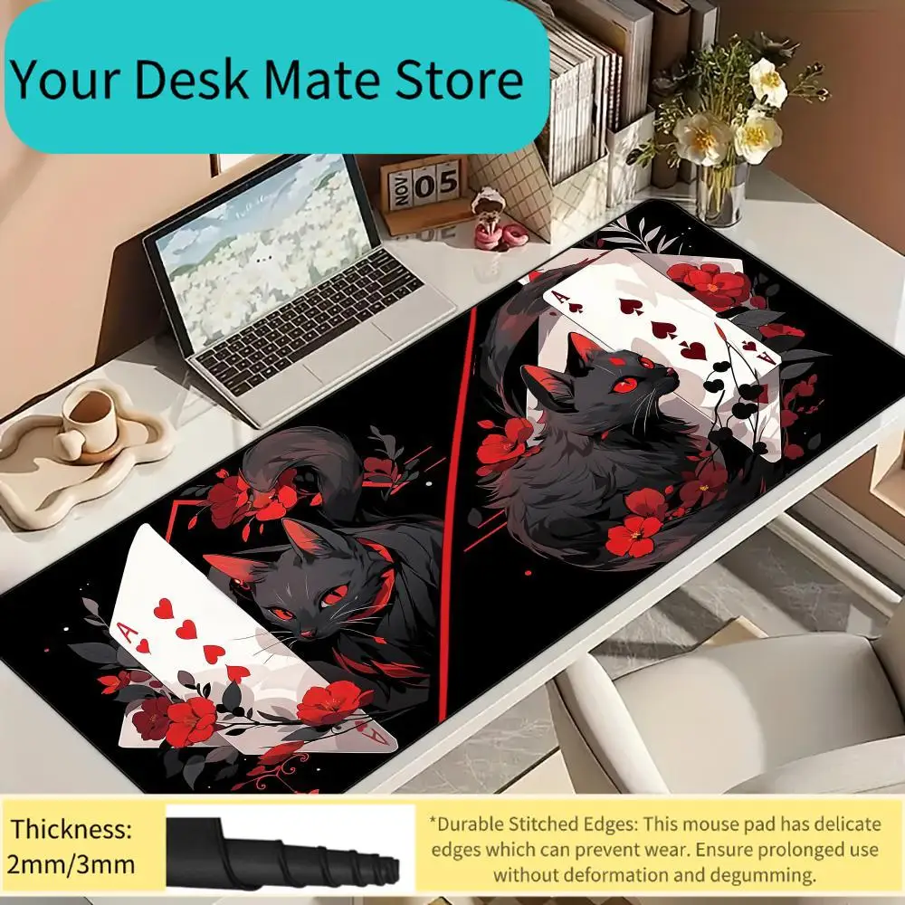 

Коврик для мыши Black Cat Red Heart A card с прошитыми краями, резиновой противоскользящей основой, аксессуары для ПК, игровой коврик, коврики для мыши