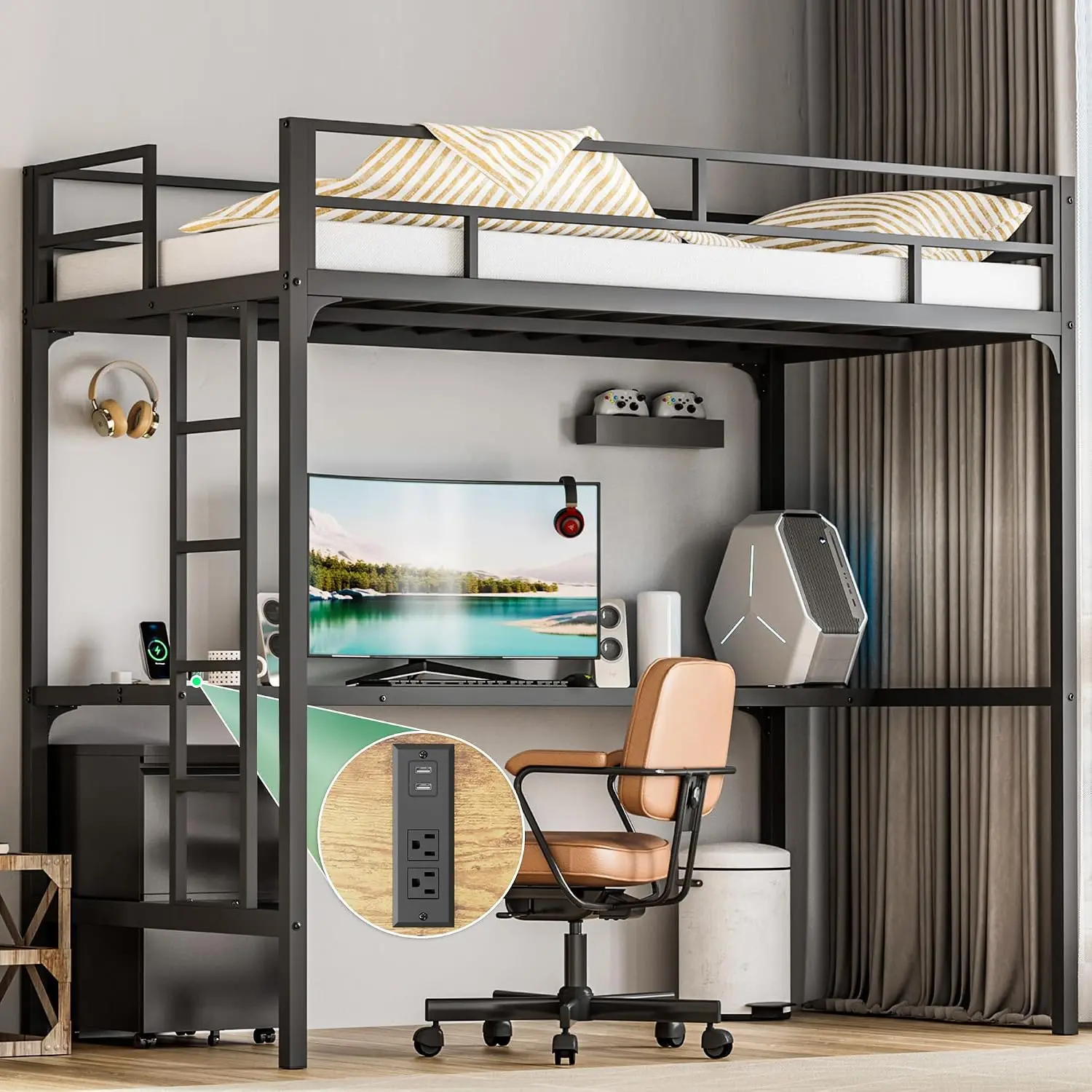 Metal Loft Bed with Desk, Twin Loft Bed Full Size with USB Charging Plug, LED Lights, Bunk Bed with Desk Heavy Duty, Customized