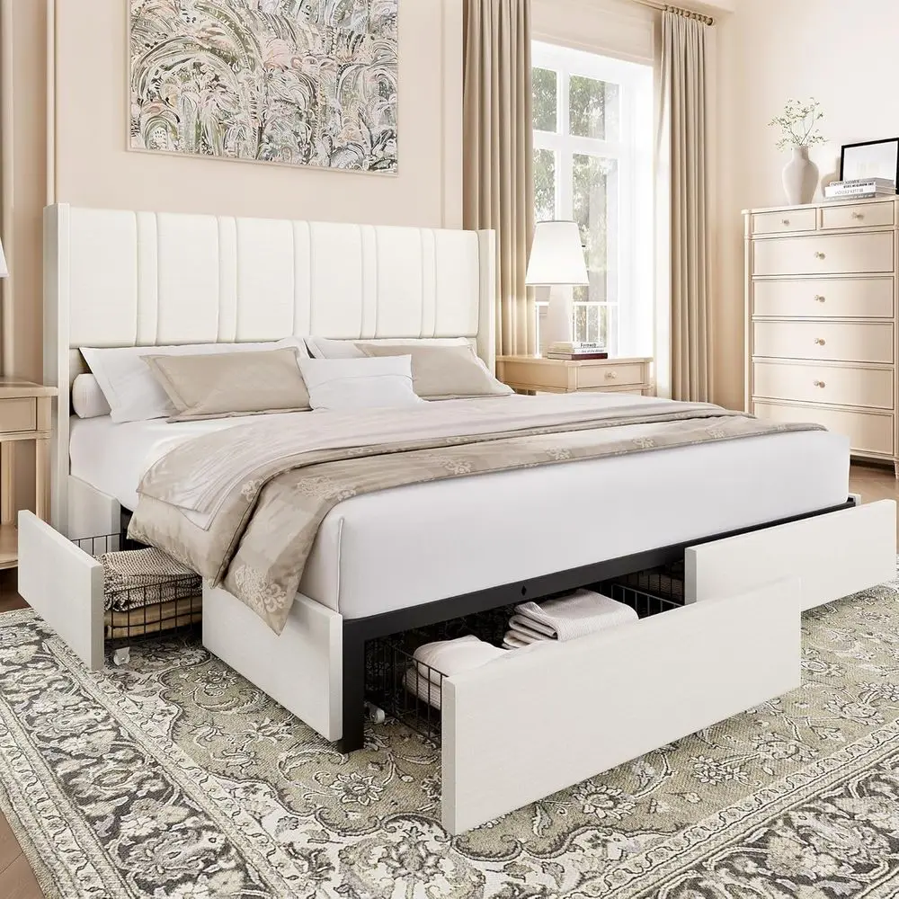 King-Size Linen Platform Bed with 4 Drawers, Wingback Headboard, No Box Spring, Easy Assembly, White