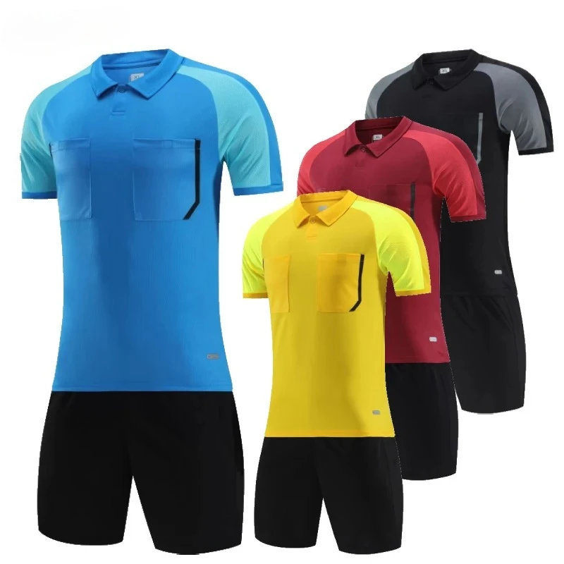 Referee Soccer Jersey Set 24/25 Professional Men's Football Turn-down Collar Full Pockets Short Sleeve Futsal Jersey for Judge
