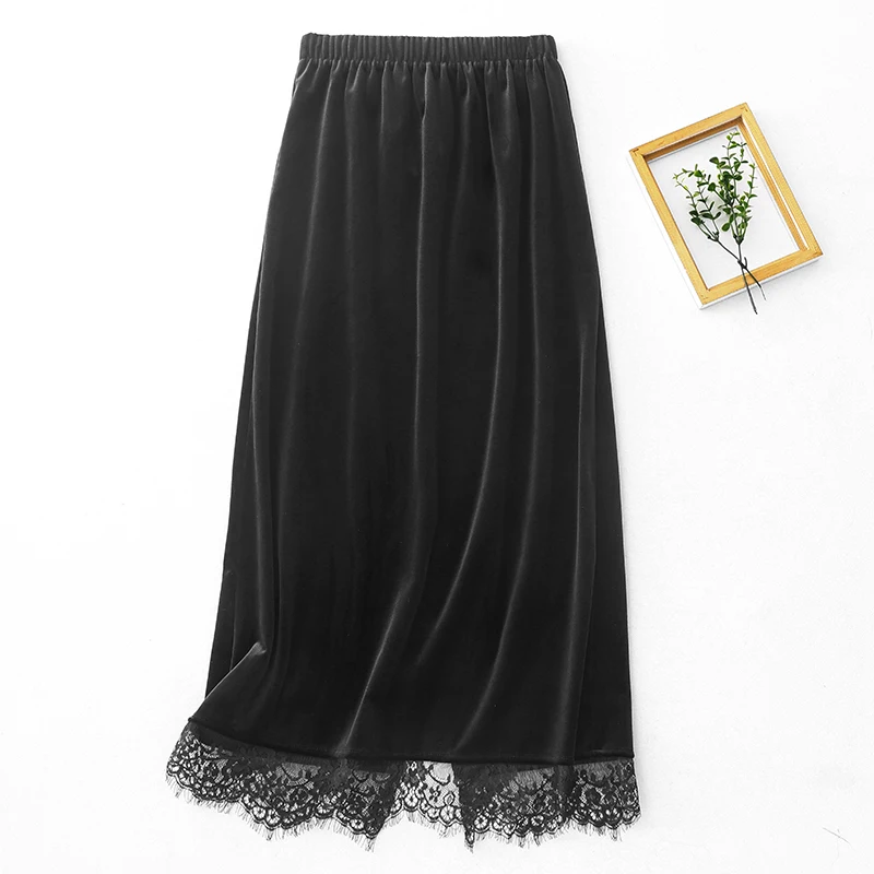 

Korean Sle plus Size Velvet Lace Splicing Autumn Winter New Sle Ele f Skirt Women's Faion Commute High Waist Mid...