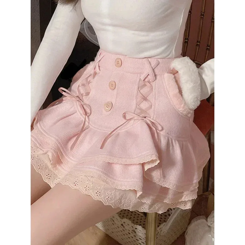 

Japanese kawaii Lolita Mini skirt women Winter lace casual elegant sweet female skirt high waist bandage Korean skirt