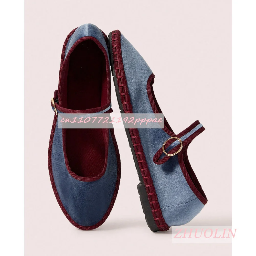 

Spring Grey Velvet Mary Jane Shoes Women'S Hand-Stitched Round Toe Low-Cut Ballet Flats Casual Comfort Buckle Fabric Loafers 44
