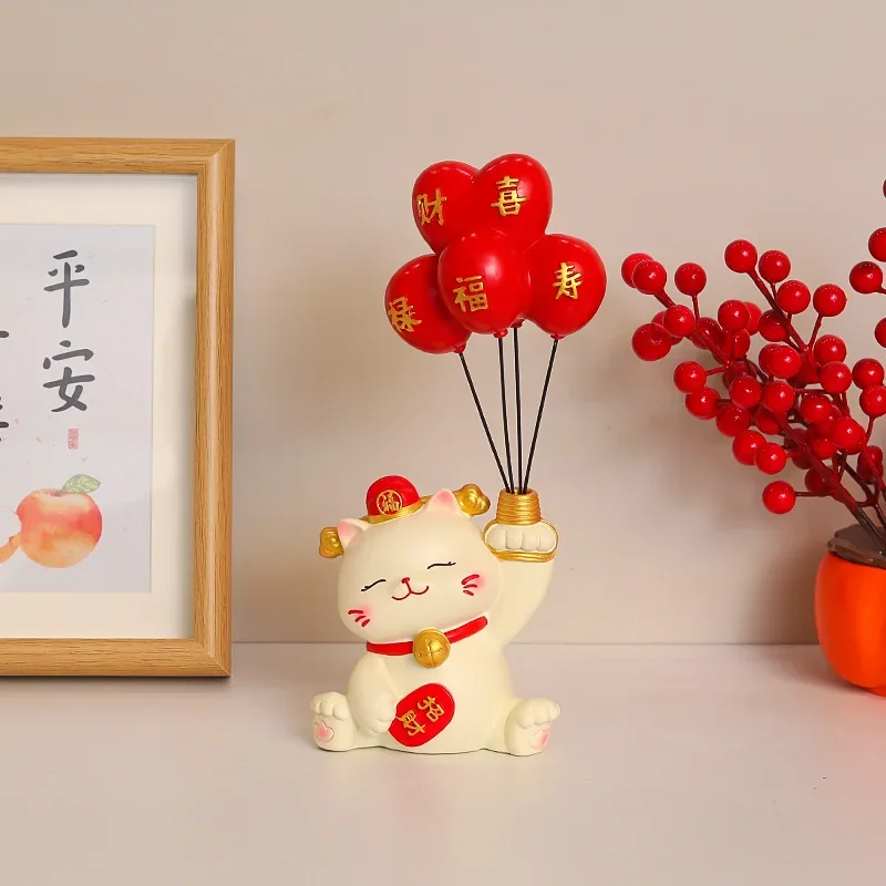 Creative Resin Red Balloon Lucky Cat Sculpture Ornaments Porch Living Room Wine Cabinet Animal Statue Crafts Housewarming Gifts
