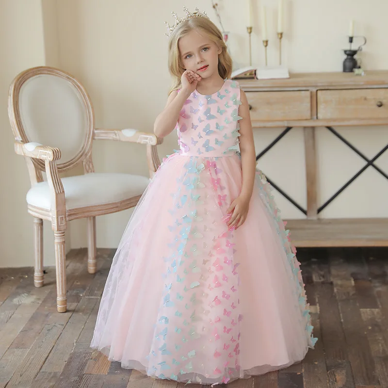 

Graduation Big Girls Long Garden Prom Dress Petal Butterfly Flower Girls Dresses for Wedding Pink Teen Girls Formal Party Dress