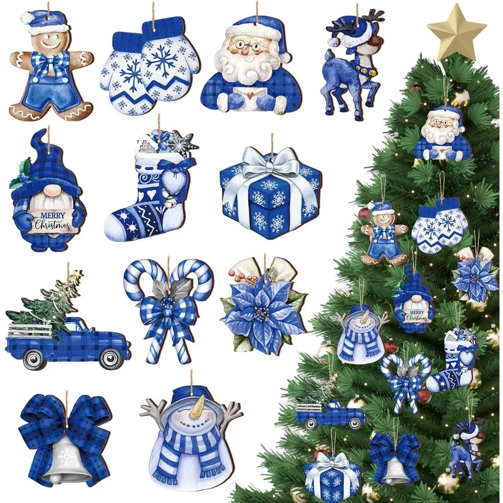 

36 Pcs Blue Christmas Wooden Ornaments Vintage Winter Tree Decorations Xmas Hanging Wood Cutouts for Festive Home Decor