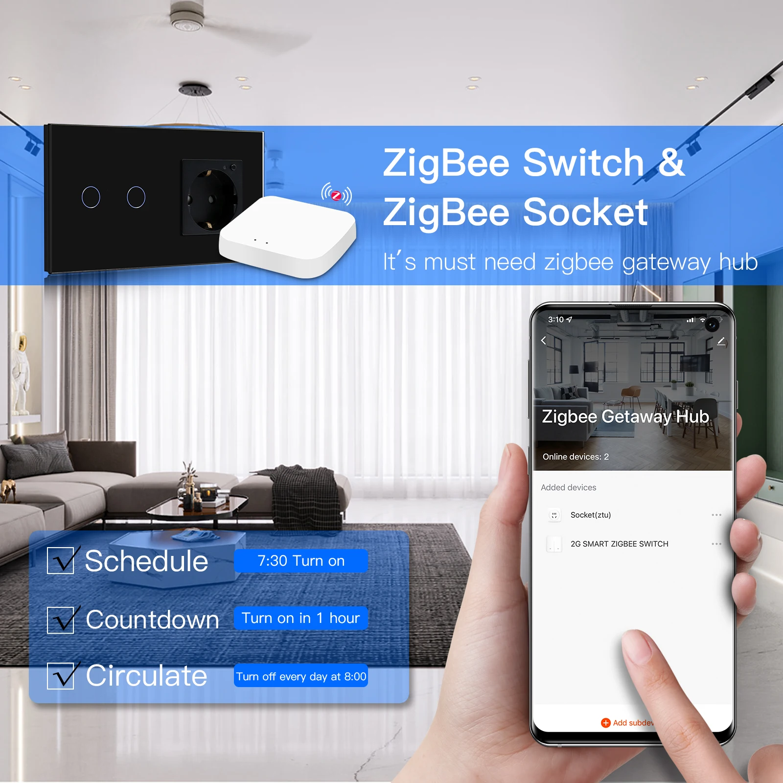 BSEED-interruptores táctiles de pared Tuya Smart ZigBee, 1/2/3 entradas, interruptor de luz eléctrica, control por aplicación inalámbrico con enchufe estándar de la UE