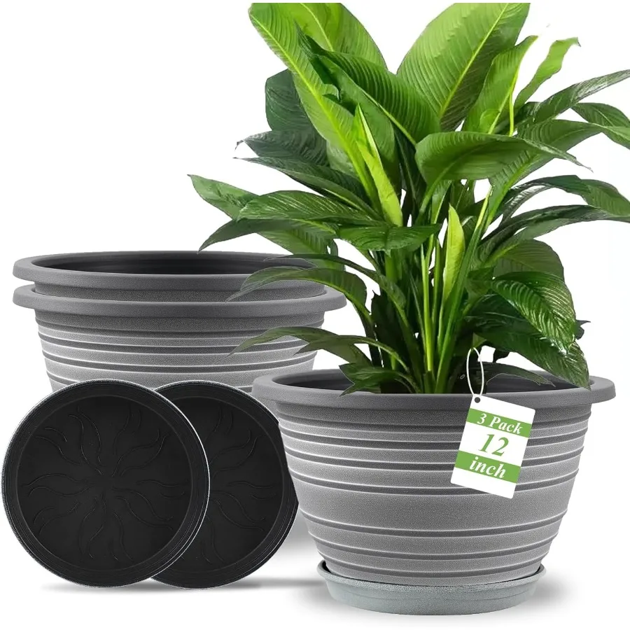 

LargePlanterIndoorOutdoor Plant Pots 12 inch 3 Pack Plastic Flower Pots with Saucer and Drainage Holes Retro Antique Imitation