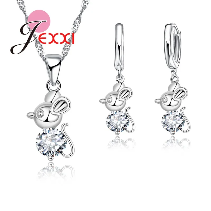 Fashion 925 Sterling Silver Lovely Cartoon Mouse Pendant Jewelry Set  Long Tail Big Crystal Body Necklace Earrings