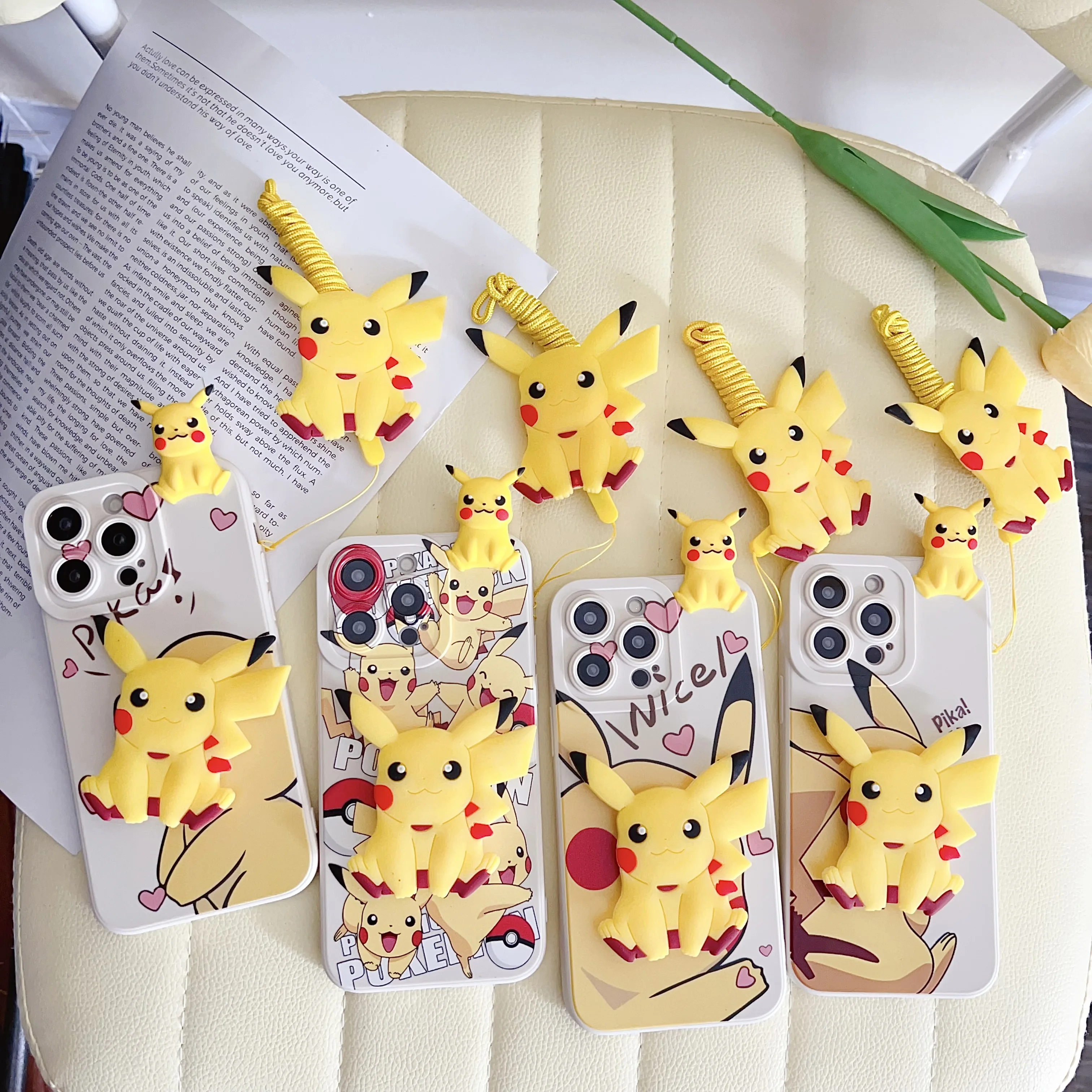 For Vivo Y15s Y17s Y15A Y76 Y35 Y22 Y16 Y02s Y78 Y27 V25 V25Pro V27 Y28 Y38 V30E Cartoon Pika Case With Holder Rope