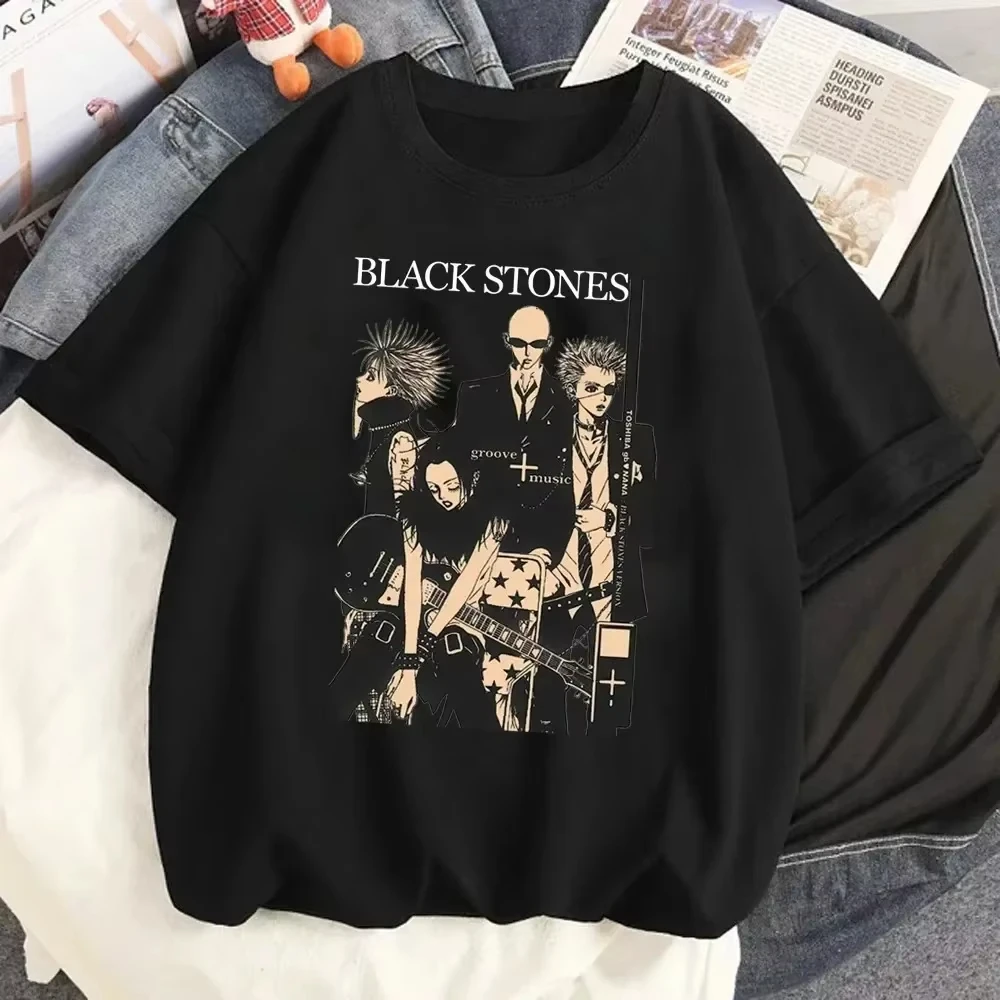 NANA Japanese Anime Black Stones Graphic Washed Cotton T‑shirt Unisex Cartoon Print Short Sleeve Streetwear Casual Tops