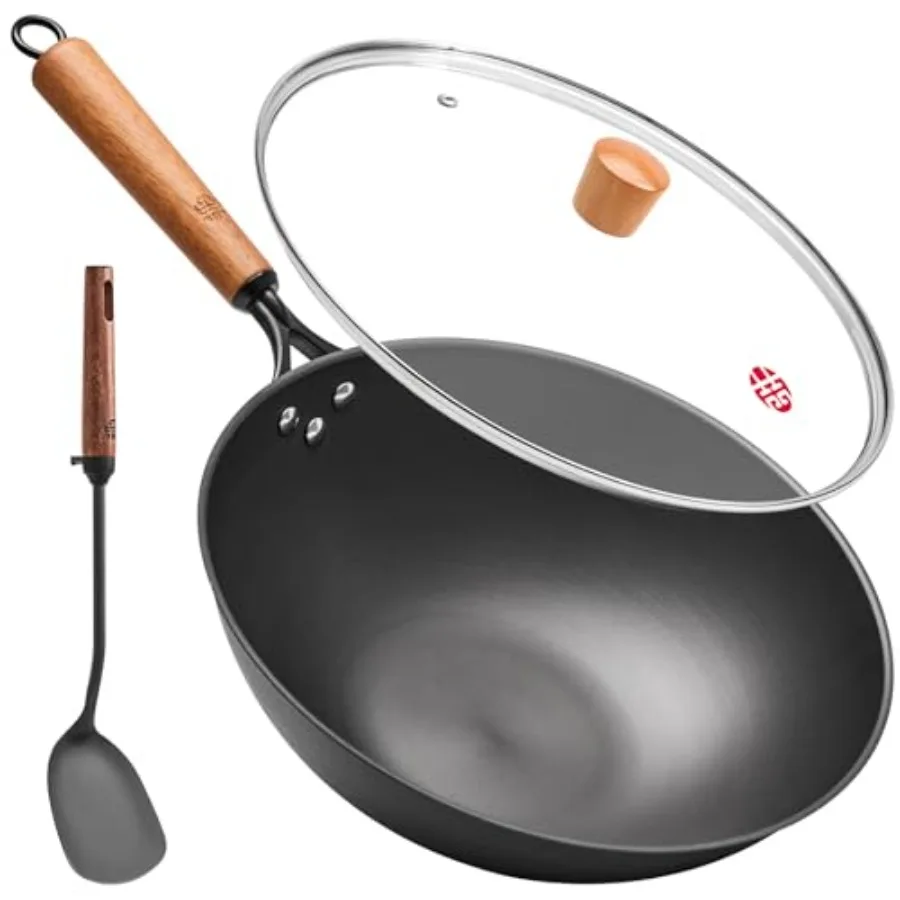 

12.6 Inc Iron Wok wit Glass Lid Flat ottom Stir Fry Pan wit Wooden andle Non-Coated Naturally Nonstick Skillet Traditional Cine