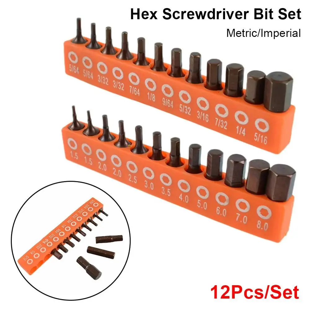 12Pcs S2 Alloy Steel Hex Screwdriver Bit Set 25mm 1/4in Hex Shank Hexagonal Driver Bit Magnetlc Metric/Imperial Driver Bit