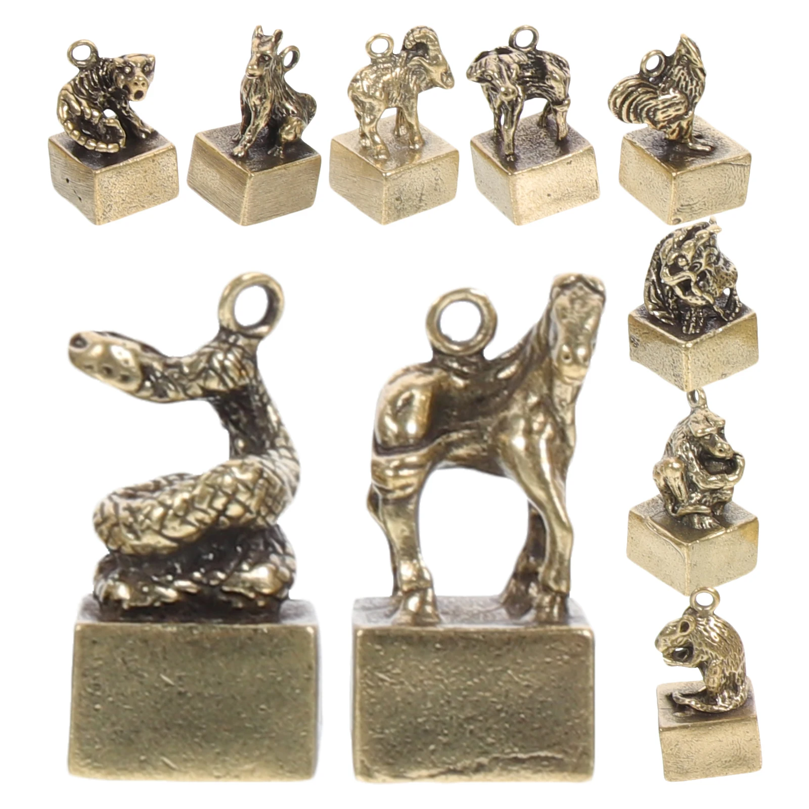 

12Pcs Chinese Zodiac Brass Stamper Key Chain Charms Vintage Animal Sculpture Desktop Decoration Unique Office Home Ornament Gift