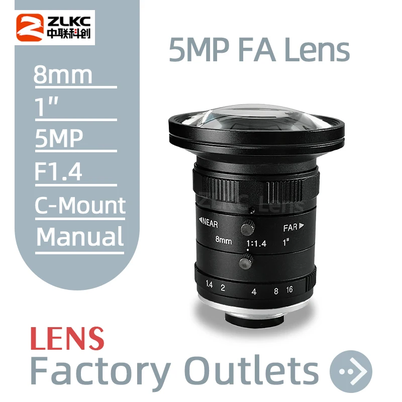 

8 mm Machine Vision Fixed Focal Length Camera Lens 5Megapixel HD CCTV Lenses 1 Inch F1.4 Manual Iris C Mount Low Distortion 5MP